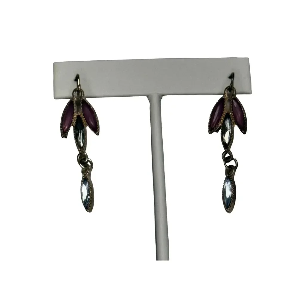 Antiqued Silver Drop Earrings Purple Blue Marquise Rhinestone Dangle - Picture 5 of 6